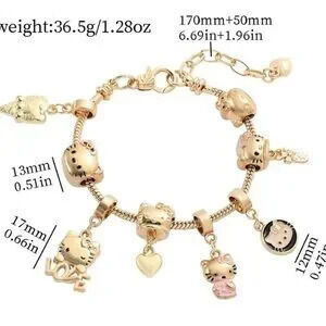 Gold Plated Hello Kitty Charm Bracelet Adjustable Sizing Unisex